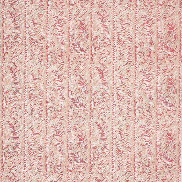 Cream and muted coral-red wavy vertical stripe fabric with a textured printed look