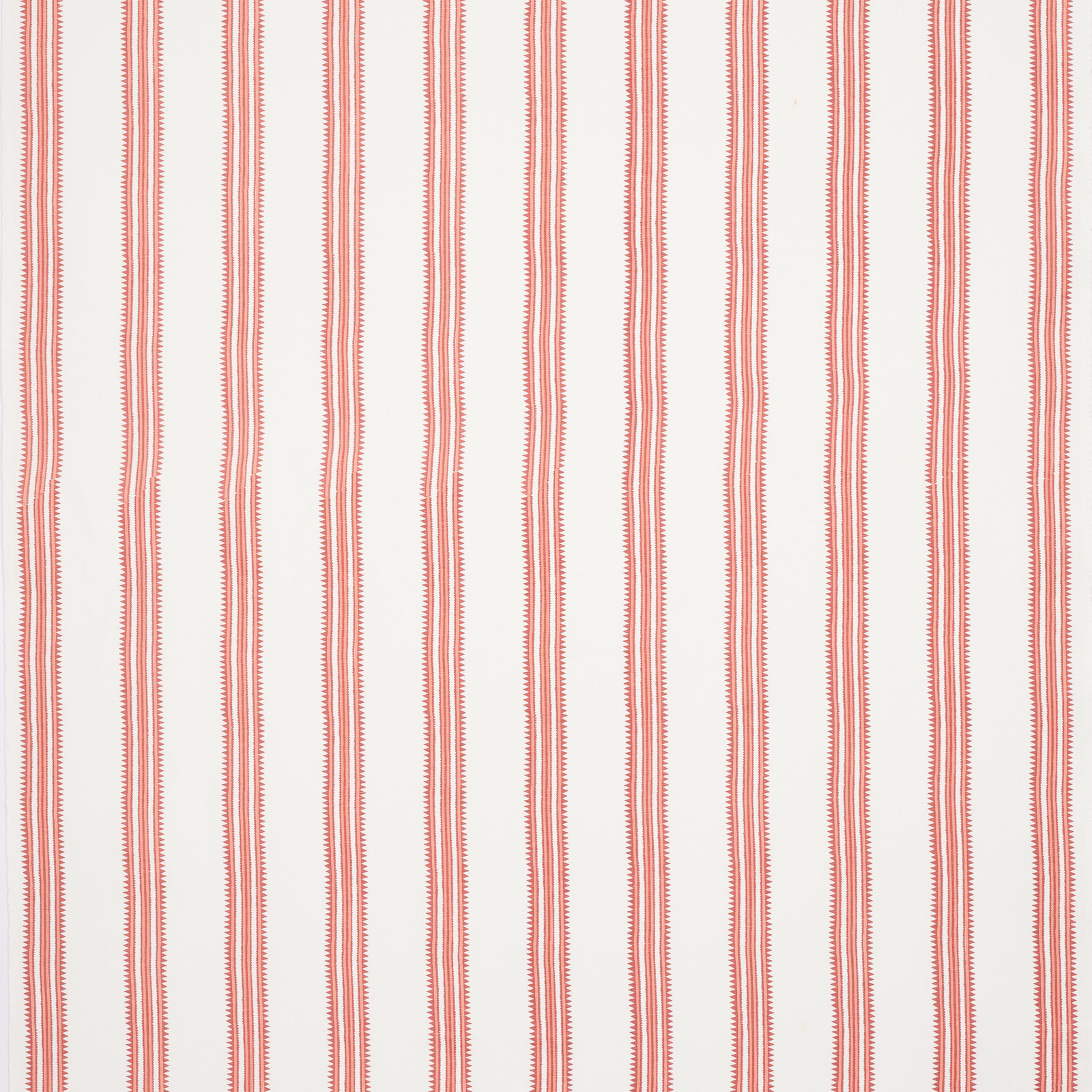 Pale ground fabric with narrow vertical coral-red stripes and fine stitched edging