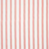 Pale ground fabric with narrow vertical coral-red stripes and fine stitched edging
