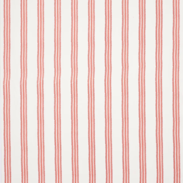 Pale ground fabric with narrow vertical coral-red stripes and fine stitched edging