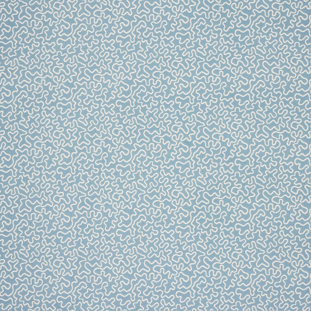 Pale sky-blue fabric with a fine white looping abstract pattern