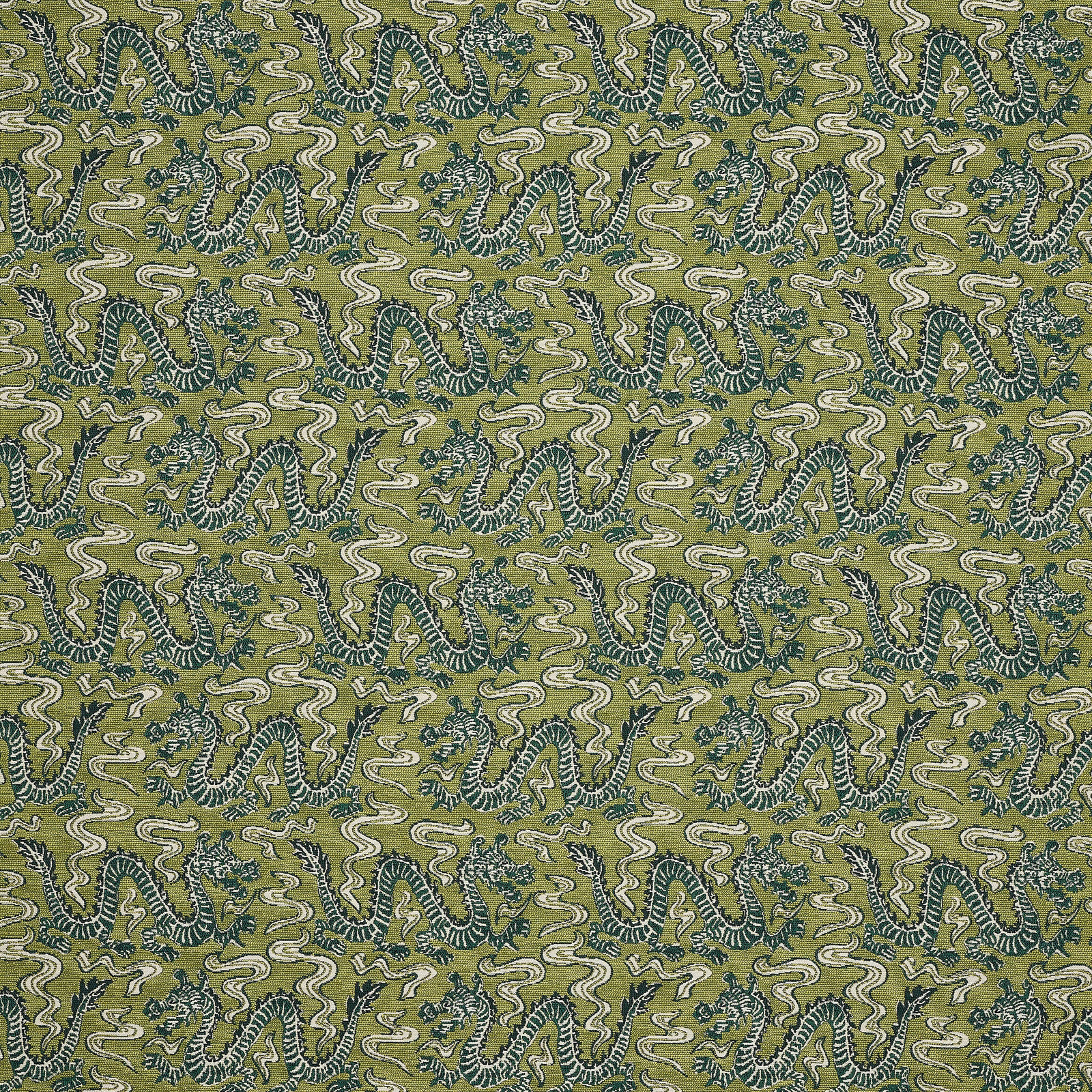 Moss green patterned fabric with teal and ivory scrolling motif