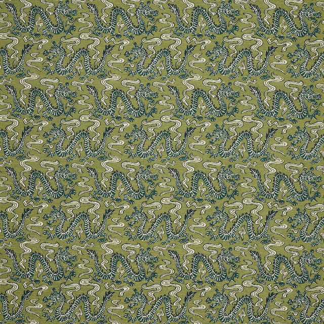 Moss green patterned fabric with teal and ivory scrolling motif