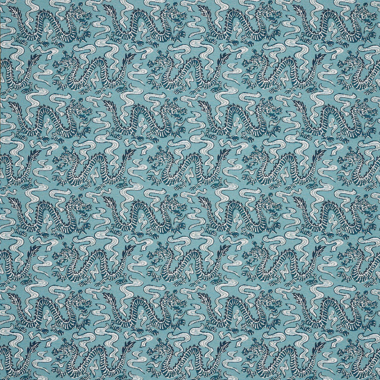 Celeste blue serpentine patterned fabric with cream swirls and teal details