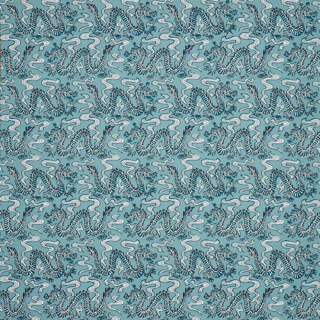 Celeste blue serpentine patterned fabric with cream swirls and teal details