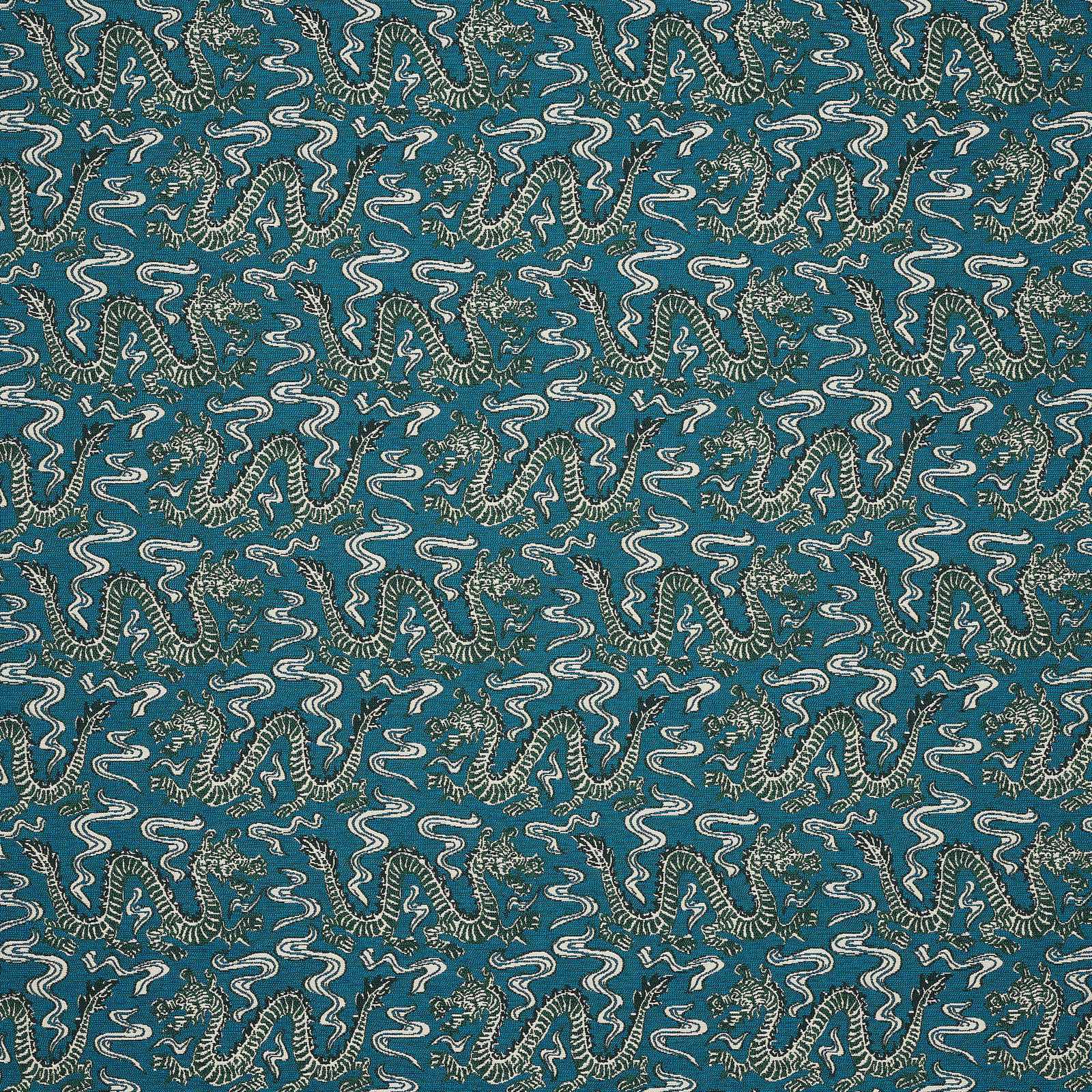 Teal woven fabric with repeating pale animal motif and dark detailing
