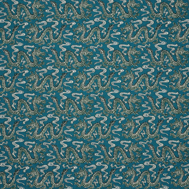 Teal woven fabric with repeating pale animal motif and dark detailing