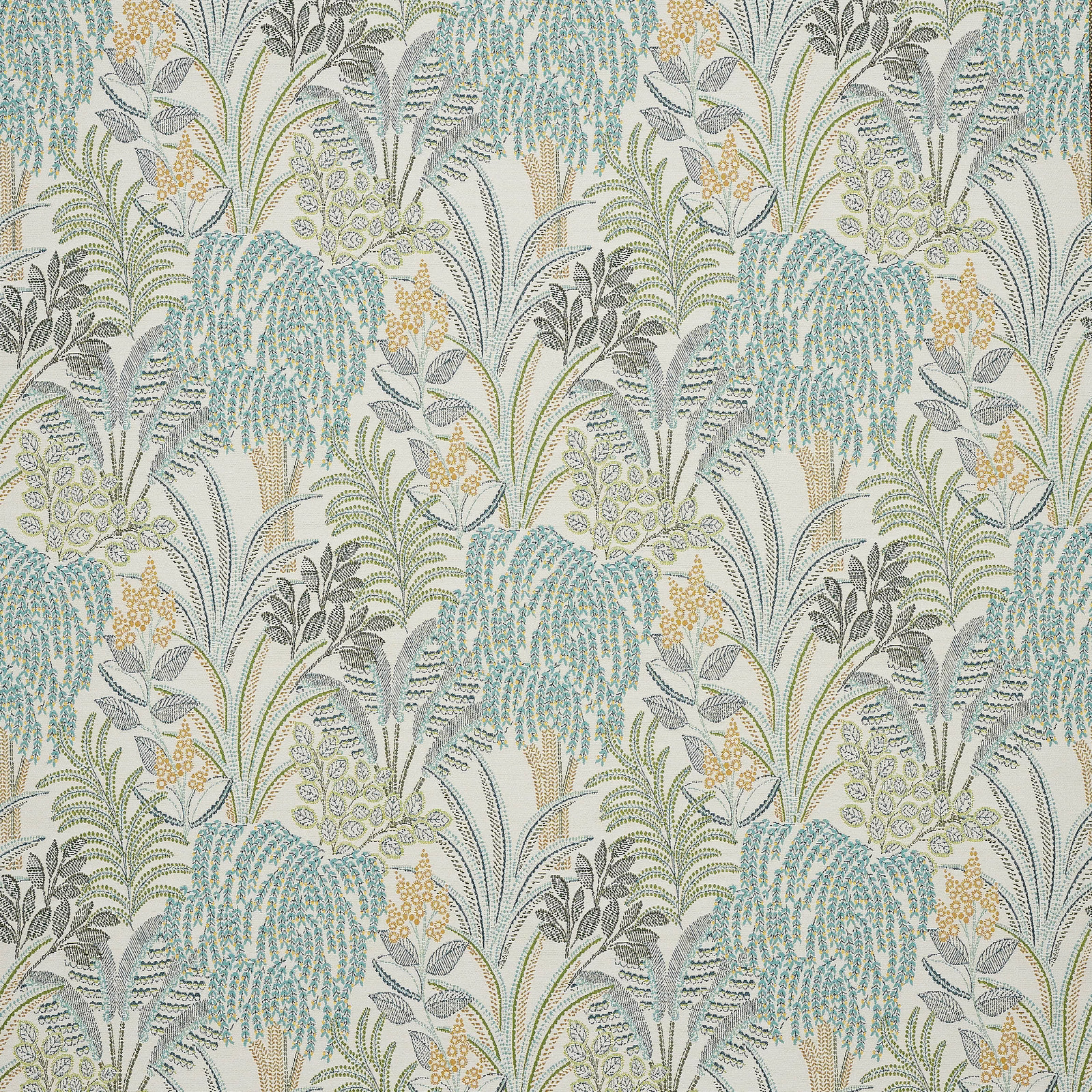 Cream-ground botanical fabric with soft aqua fronds, grey-green leaves, and gold accents