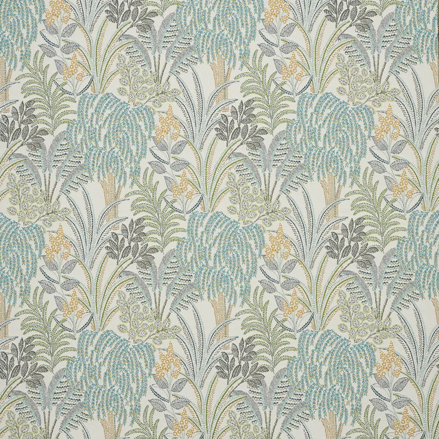 Cream-ground botanical fabric with soft aqua fronds, grey-green leaves, and gold accents