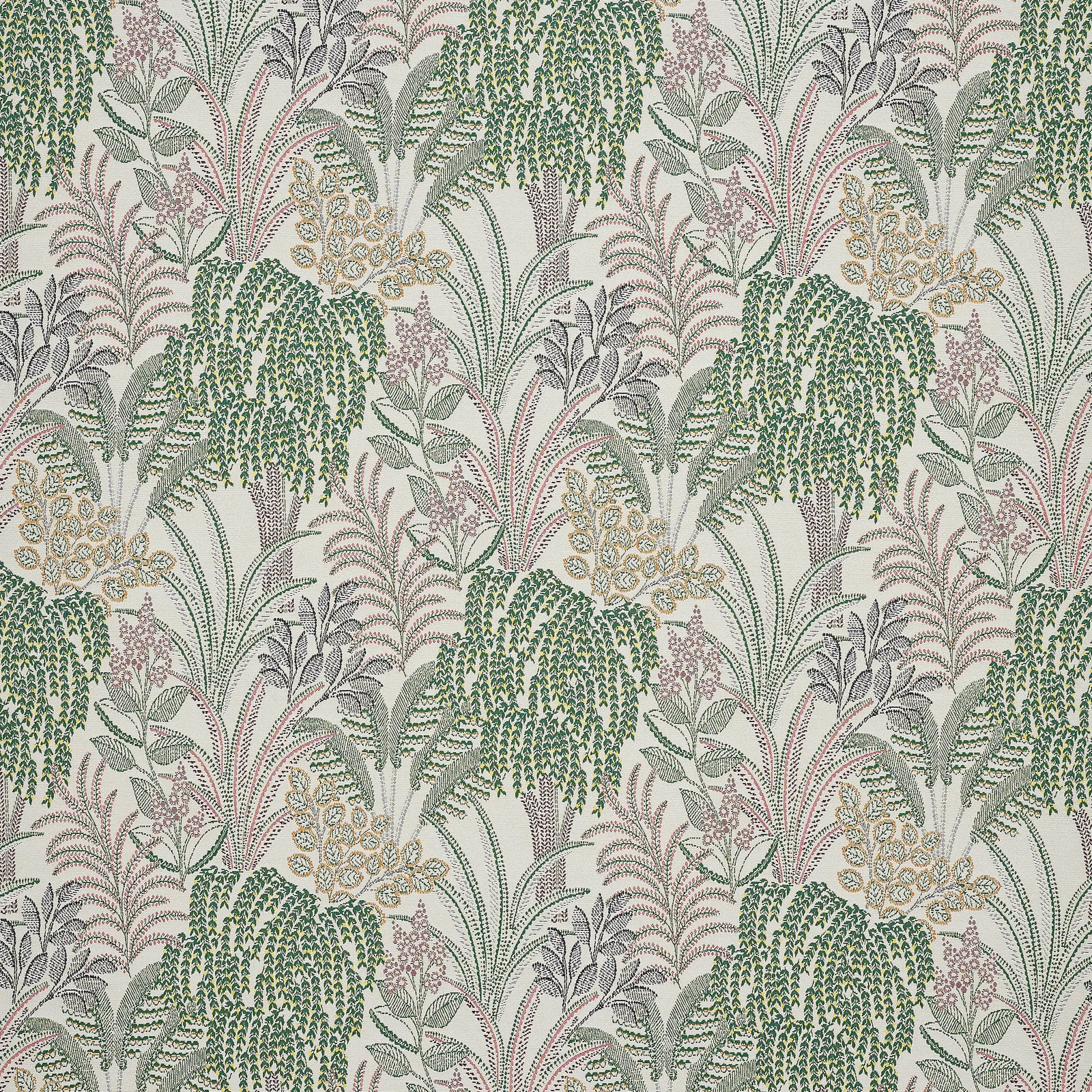 Patterned fabric swatch in soft mint, sage, blush and cream botanical motifs