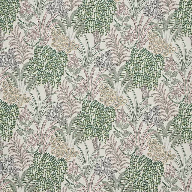 Patterned fabric swatch in soft mint, sage, blush and cream botanical motifs