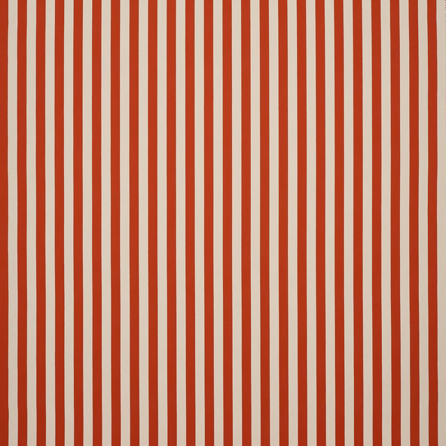 Vertical paprika-red and ivory stripe fabric swatch with a smooth woven texture