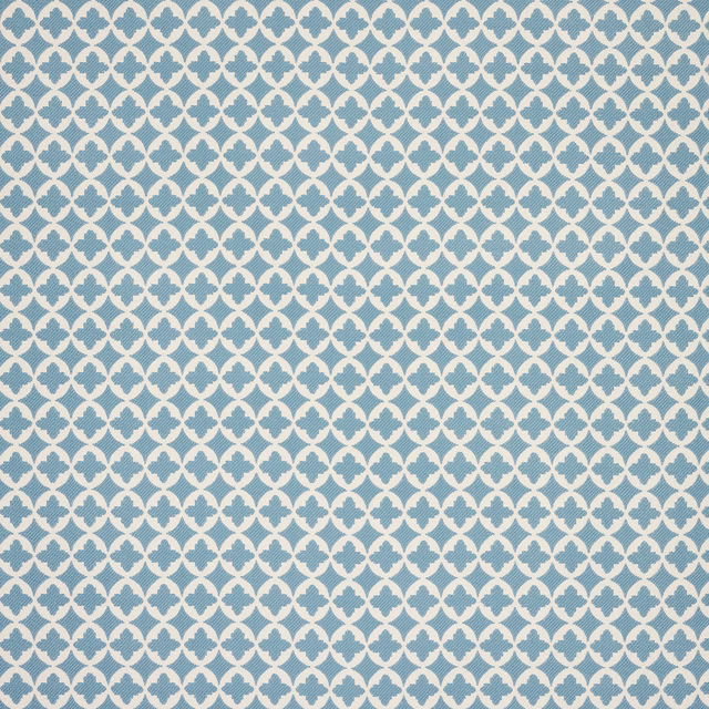 Blue clover trellis fabric on a pale ground, shown as a close swatch