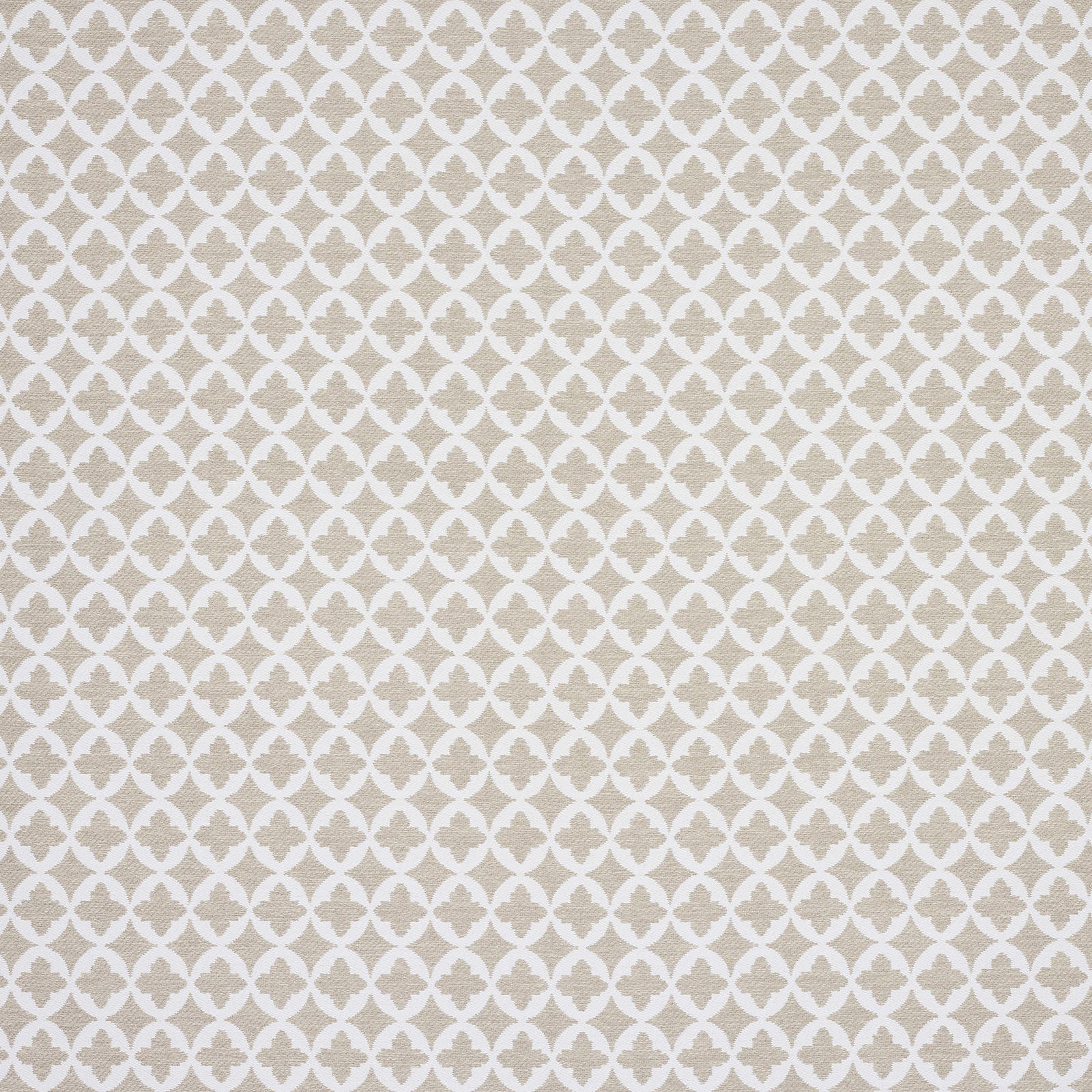 Close-up of a small ivory and beige geometric woven fabric with repeating quatrefoil shapes