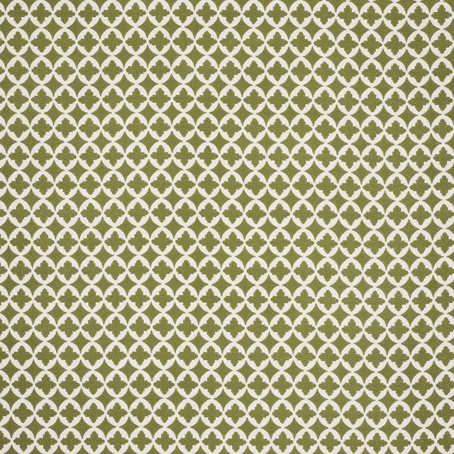 Small olive geometric lattice pattern on a pale neutral fabric ground