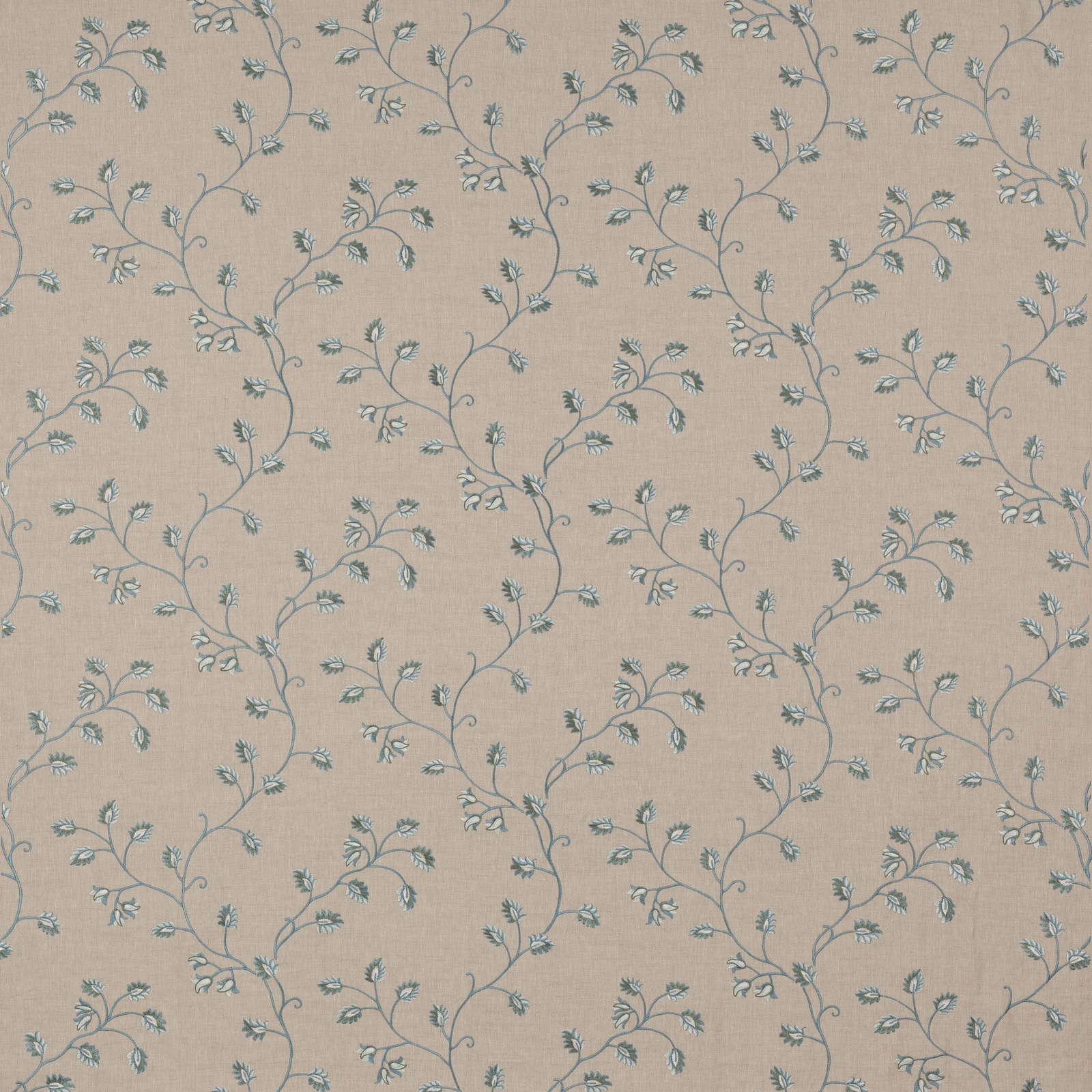 Trailing aqua vine and small leaf motif on a warm linen-coloured fabric