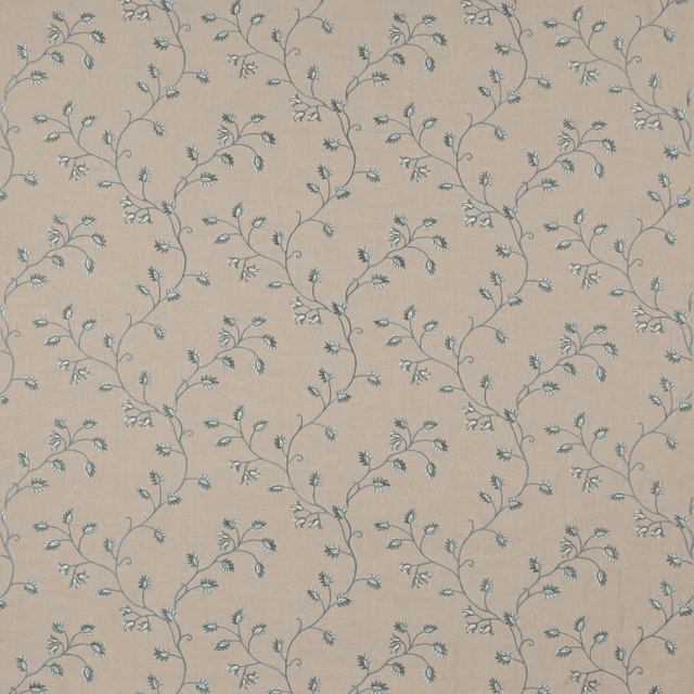 Trailing aqua vine and small leaf motif on a warm linen-coloured fabric