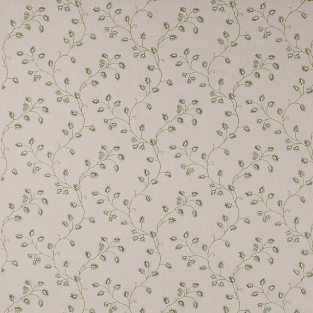 Pale ground fabric with trailing leaf-green vine and small botanical sprigs