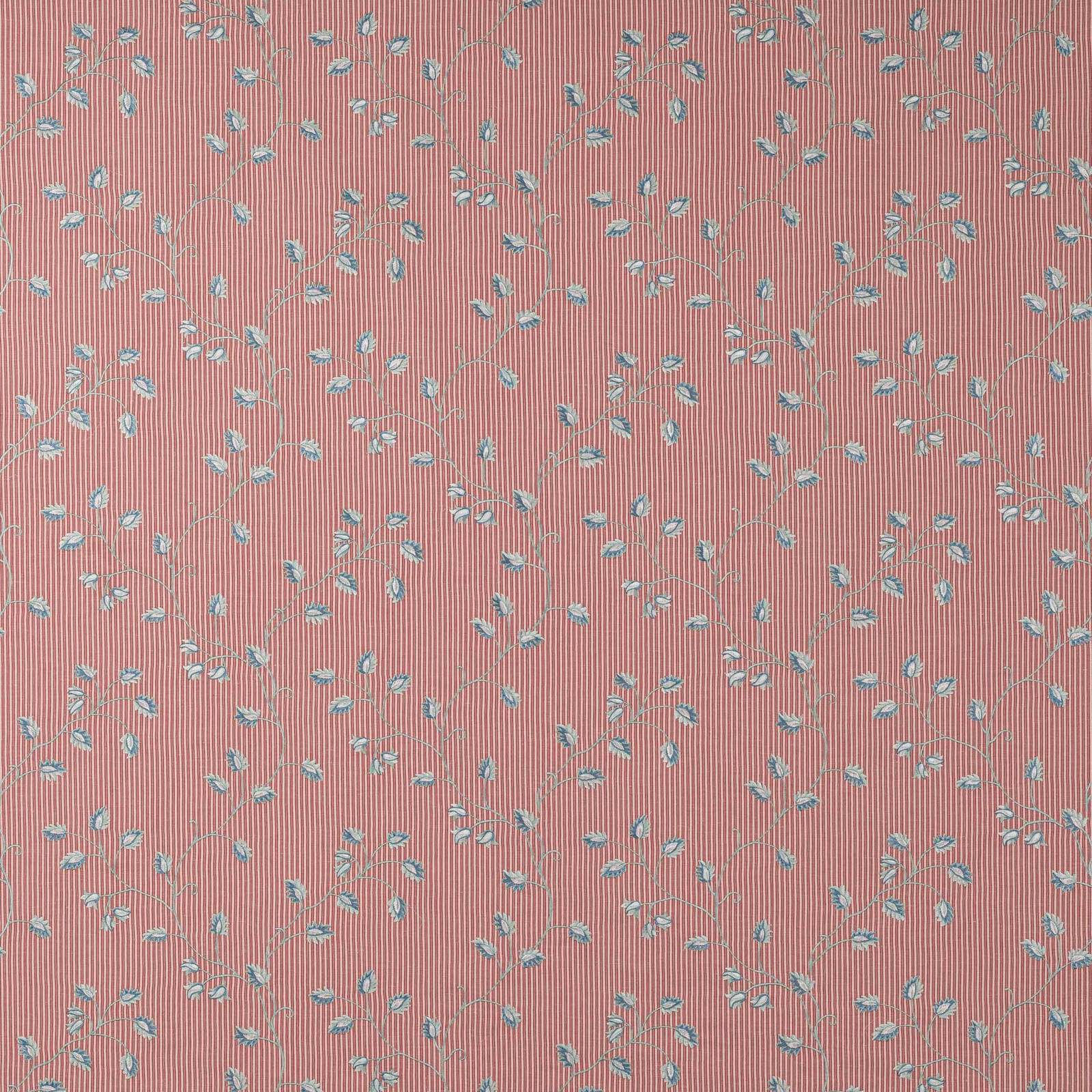 Dusty rose floral fabric with fine blue-green leaf sprigs and vertical ribbed texture