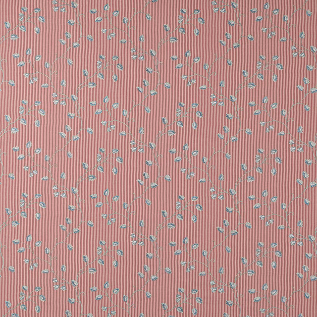 Dusty rose floral fabric with fine blue-green leaf sprigs and vertical ribbed texture