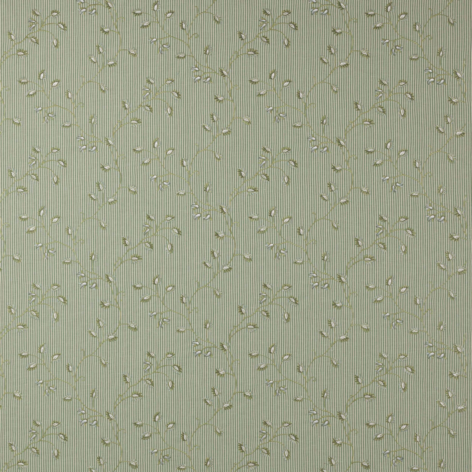 Sage green striped fabric with small trailing leaf motif and woven texture