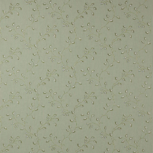 Sage green striped fabric with small trailing leaf motif and woven texture