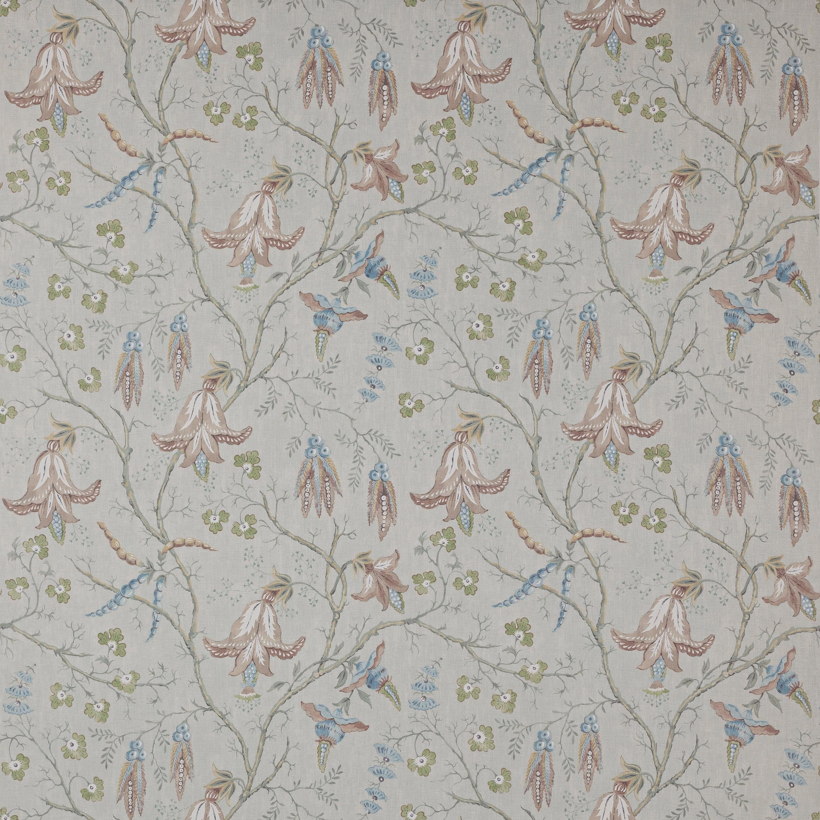 Pale aqua linen fabric with trailing floral and bird motif