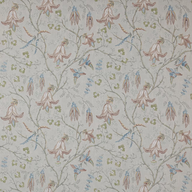 Pale aqua linen fabric with trailing floral and bird motif