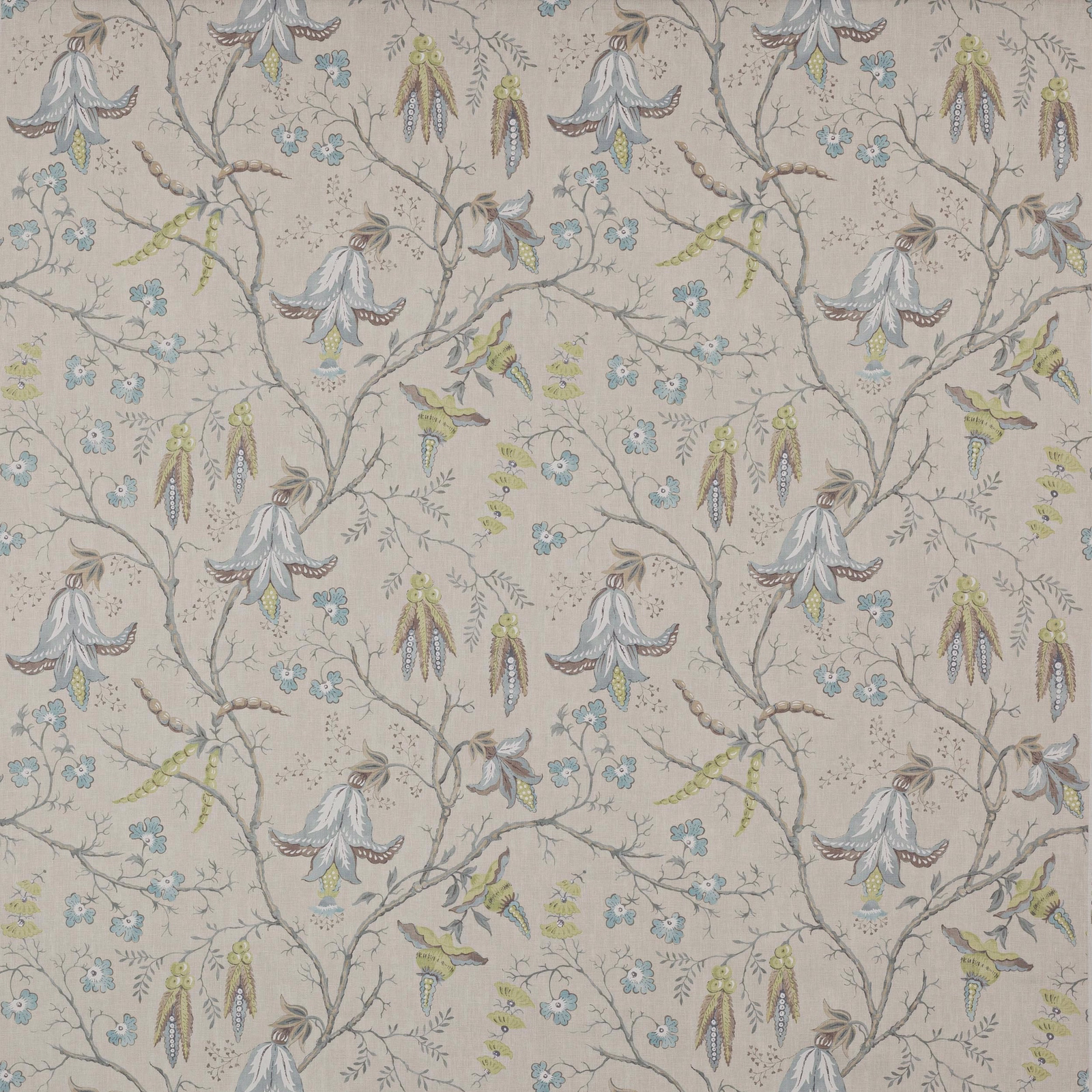 Pale floral linen fabric with trailing branches and soft old blue bell flowers