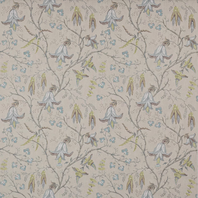 Pale floral linen fabric with trailing branches and soft old blue bell flowers