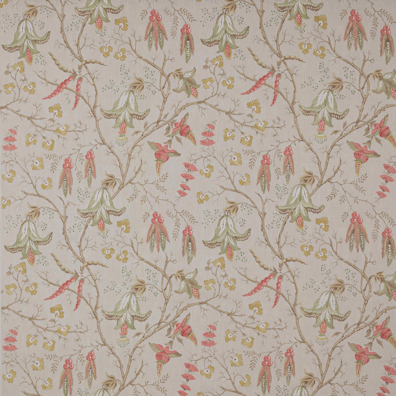 Pale linen fabric with trailing botanical print in tomato pink and sage green