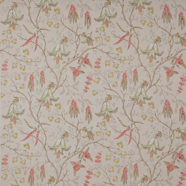 Pale linen fabric with trailing botanical print in tomato pink and sage green