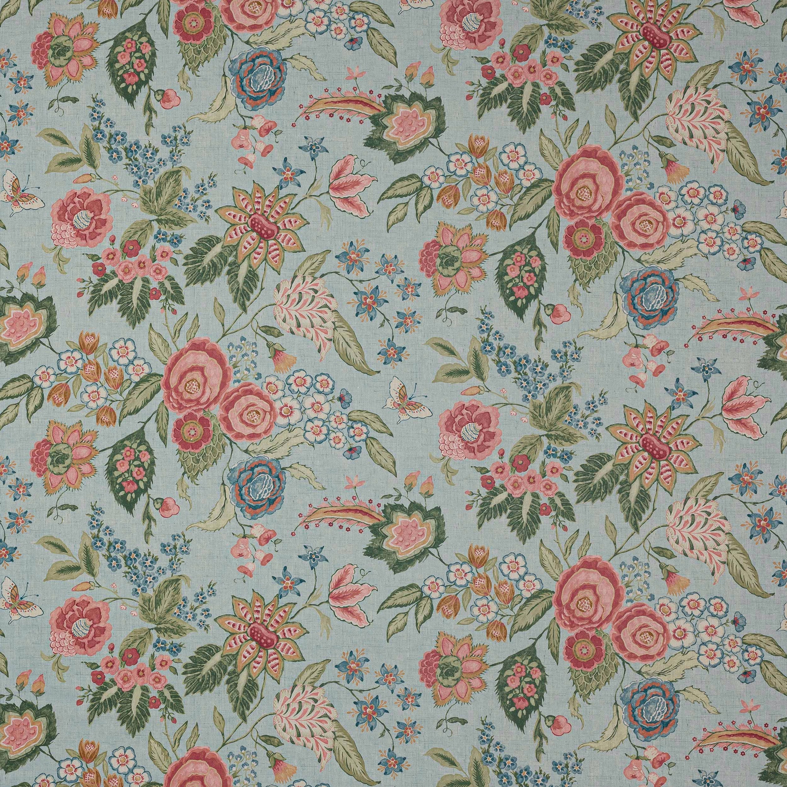 Pale aqua floral linen with pink roses, green leaves and small blue blossoms