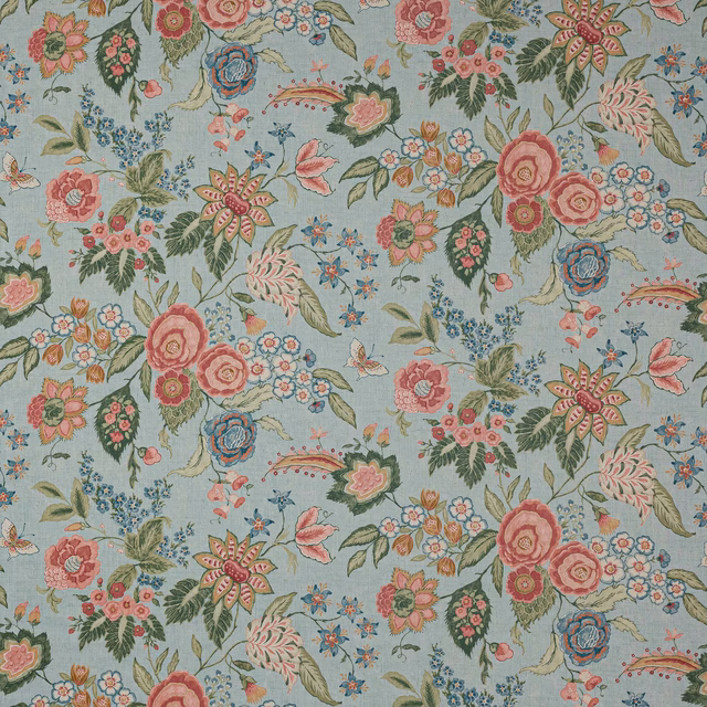Pale aqua floral linen with pink roses, green leaves and small blue blossoms