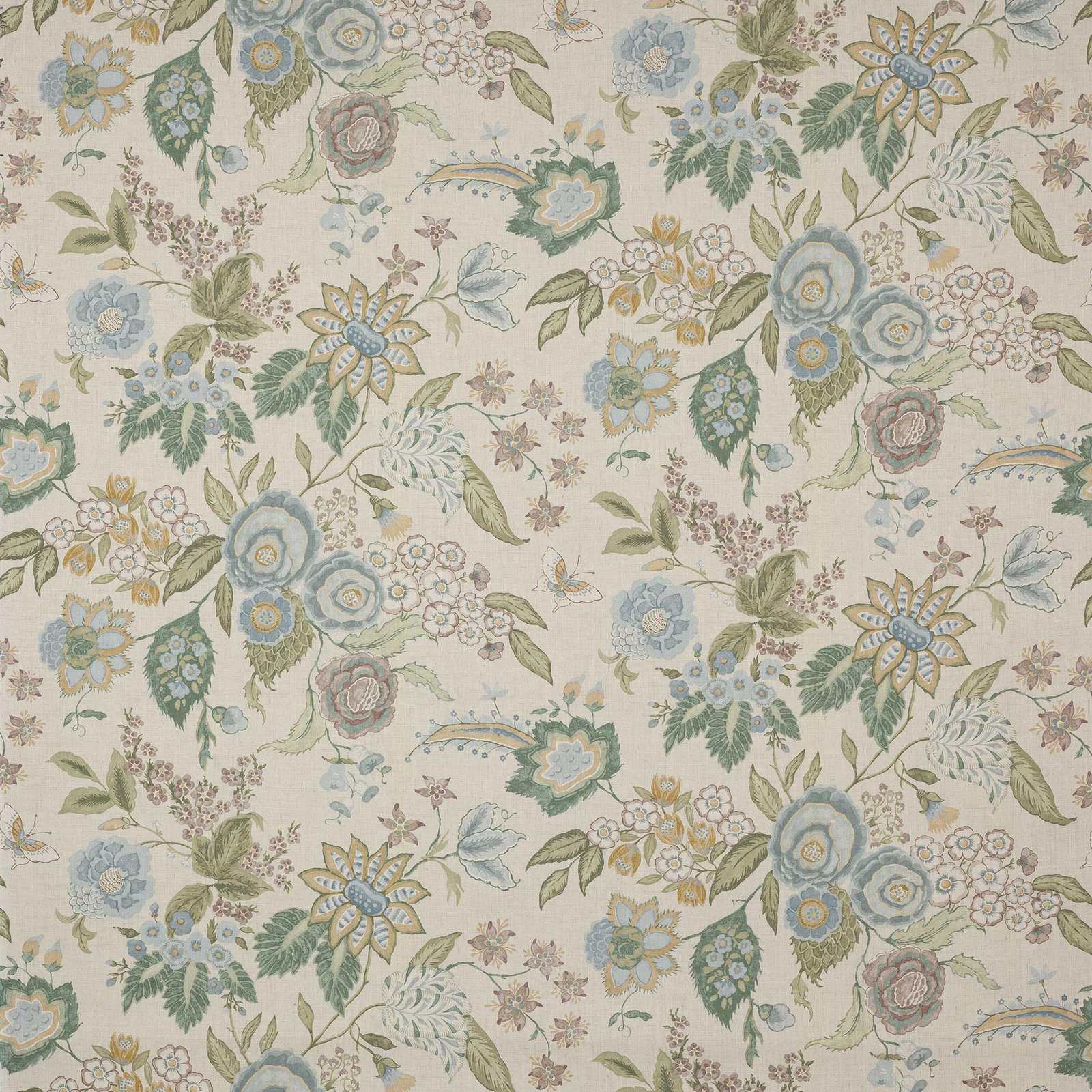 Painterly floral linen fabric in pale old blue, sage green and soft gold