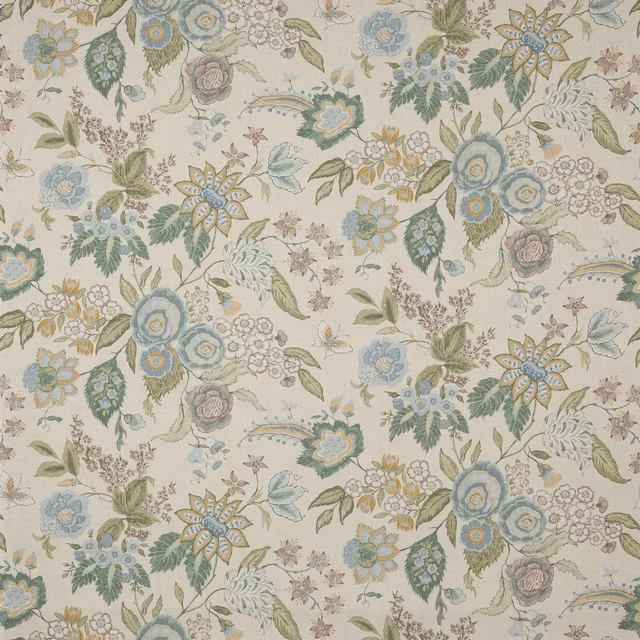 Painterly floral linen fabric in pale old blue, sage green and soft gold
