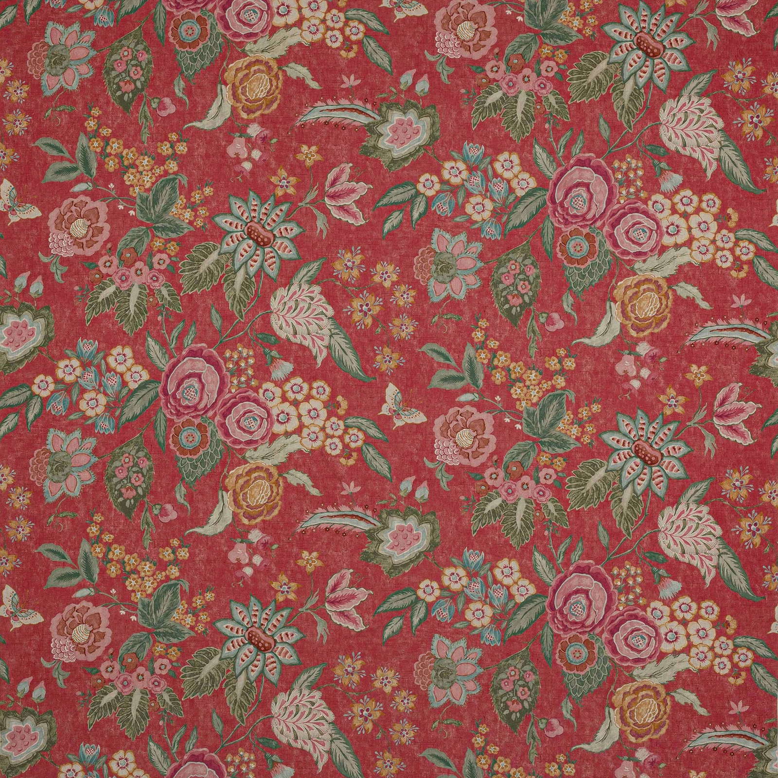 Red floral linen fabric with large multicoloured blooms and leaves