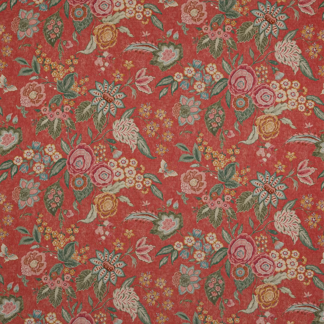 Red floral linen fabric with large multicoloured blooms and leaves