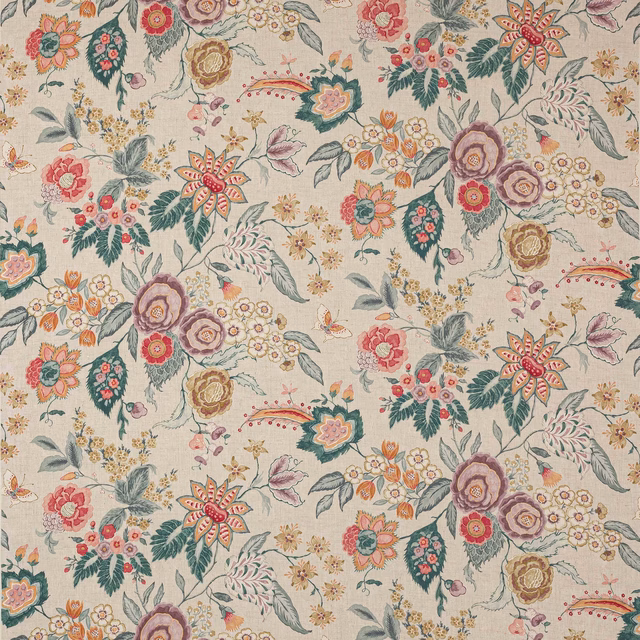 Cream linen floral fabric with red blooms, teal leaves and multicoloured blossoms