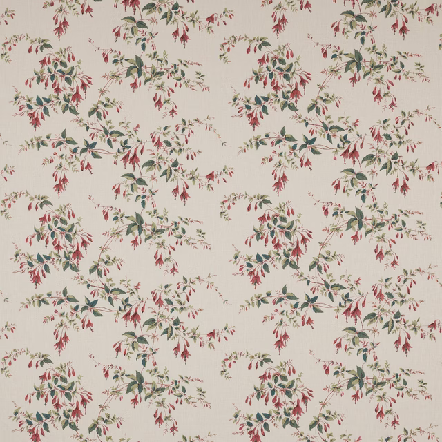 Cream linen fabric with scattered fuchsia-red and forest-green botanical sprigs