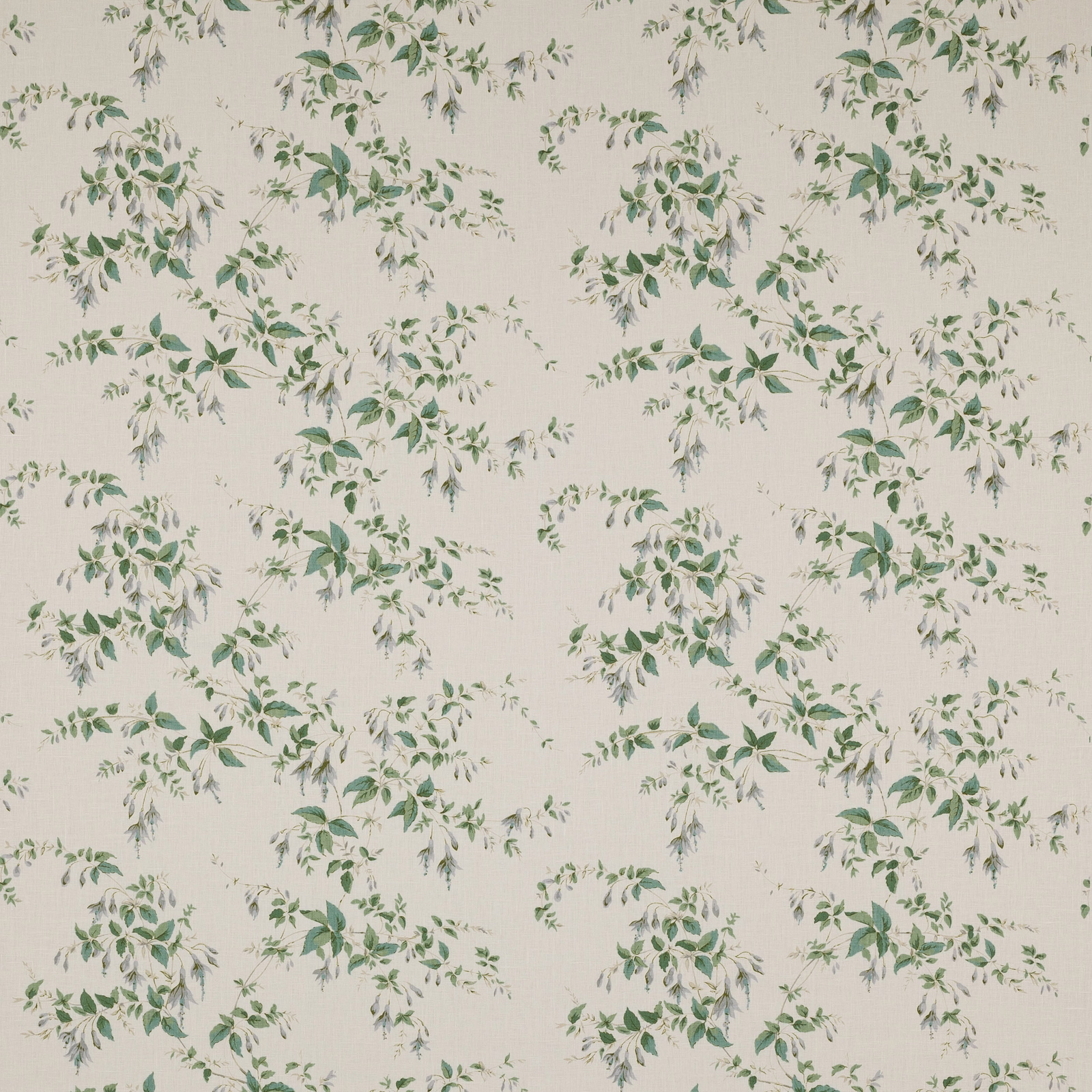 Ivory linen fabric with scattered green leafy sprigs and soft grey accents