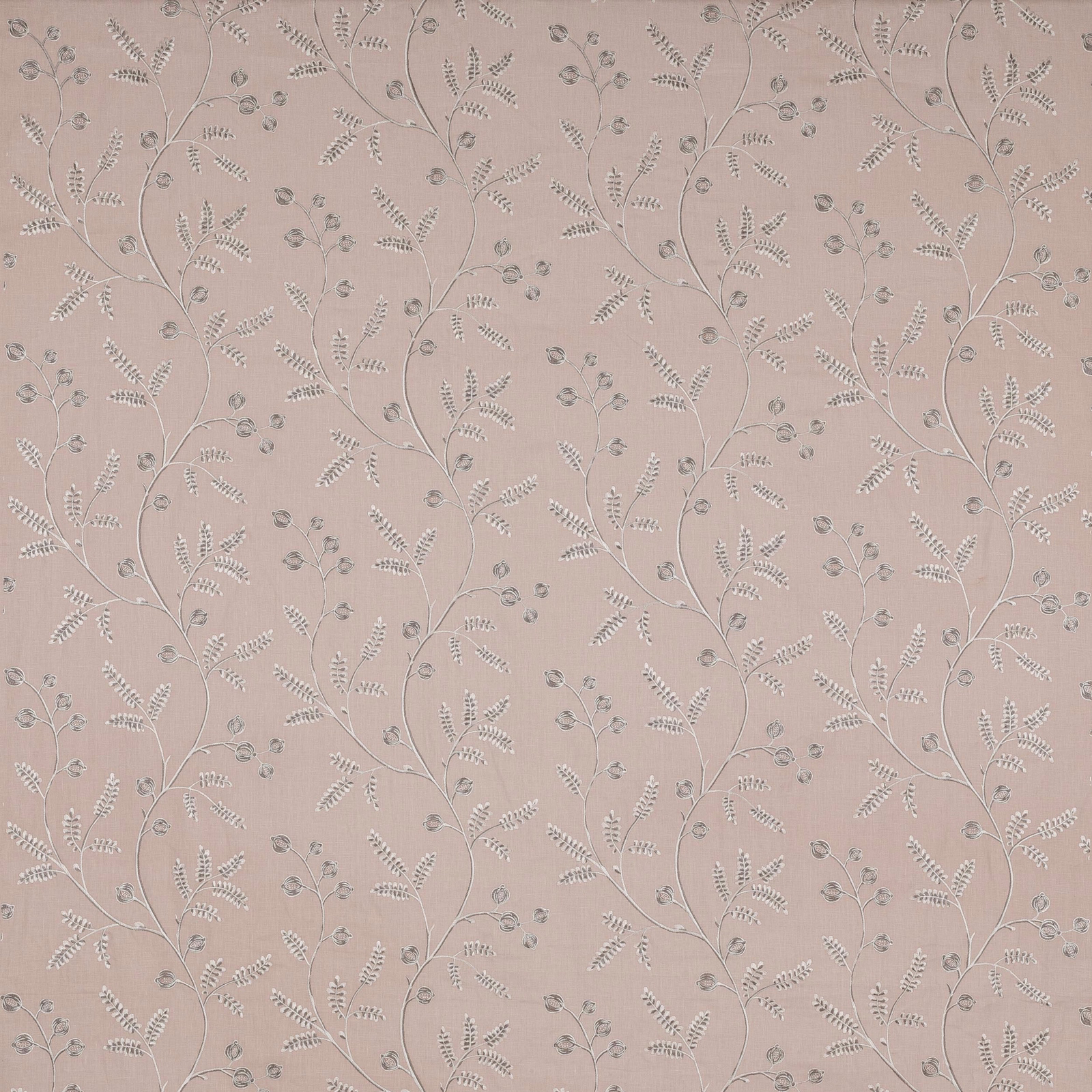 Soft blush pink botanical fabric with delicate trailing leaf sprigs