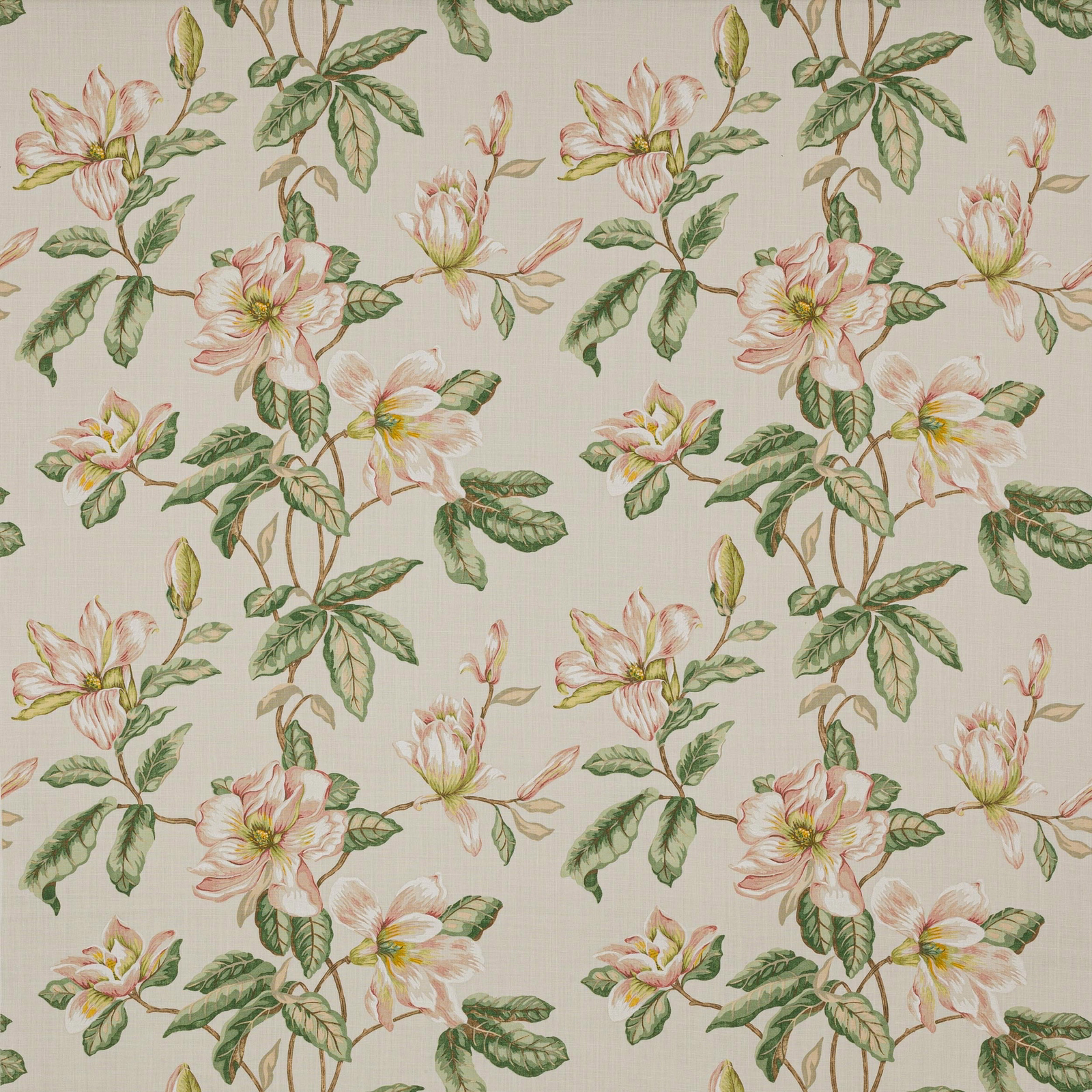 Large pink and green floral linen on a creamy ground