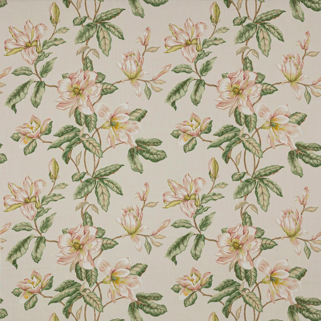 Large pink and green floral linen on a creamy ground