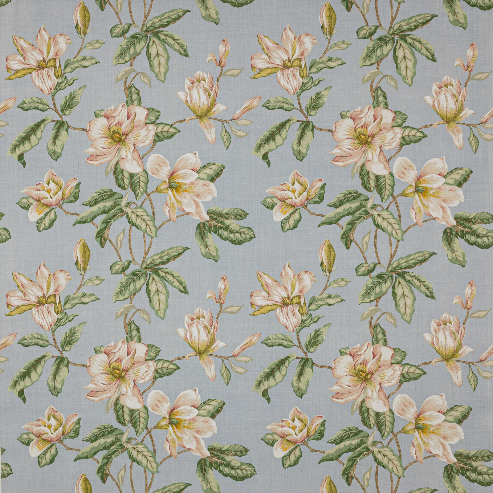 Large trailing floral fabric with pale blossoms on a soft sky blue linen ground