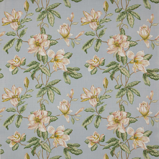 Large trailing floral fabric with pale blossoms on a soft sky blue linen ground