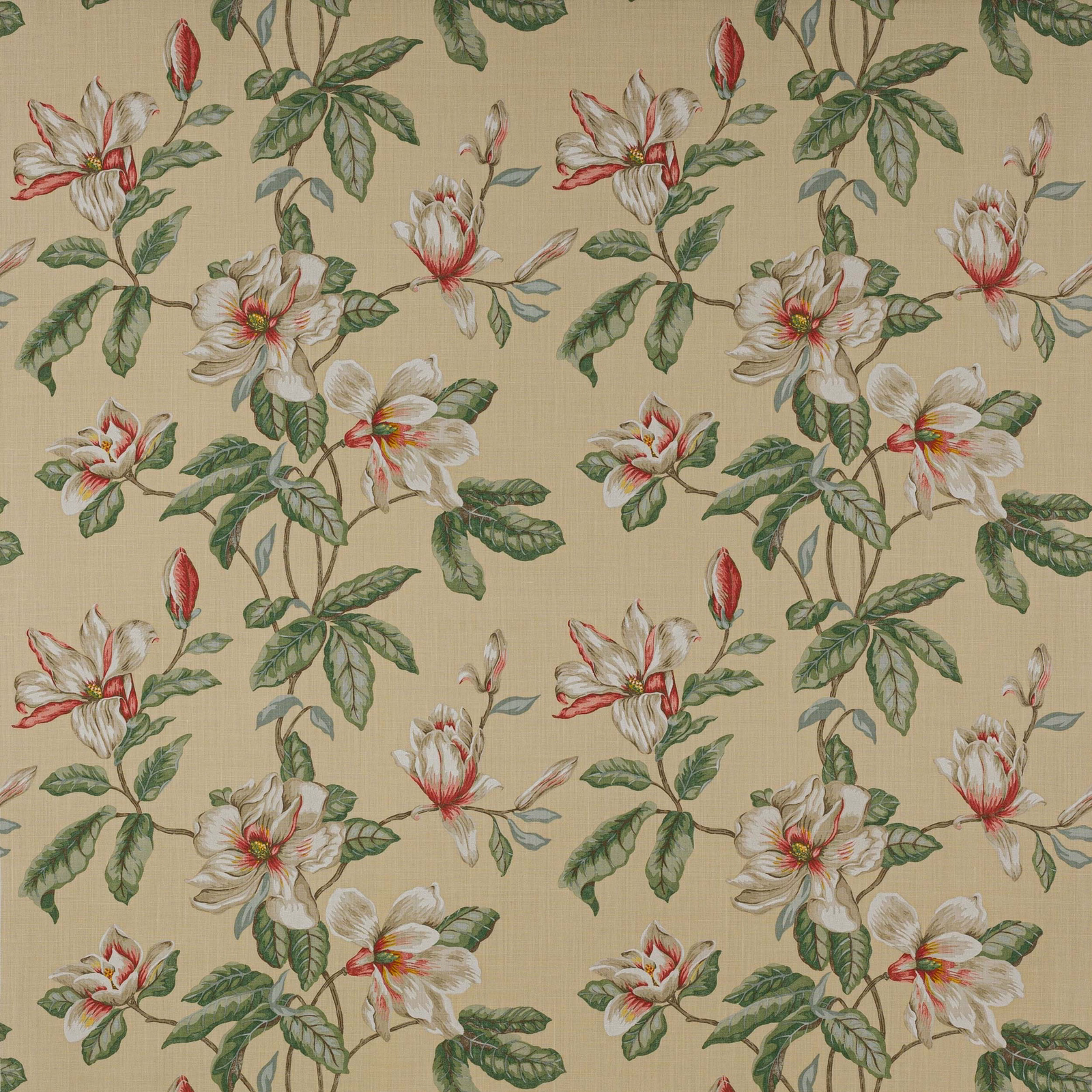 Painterly floral linen on a soft yellow ground with white and green blossoms