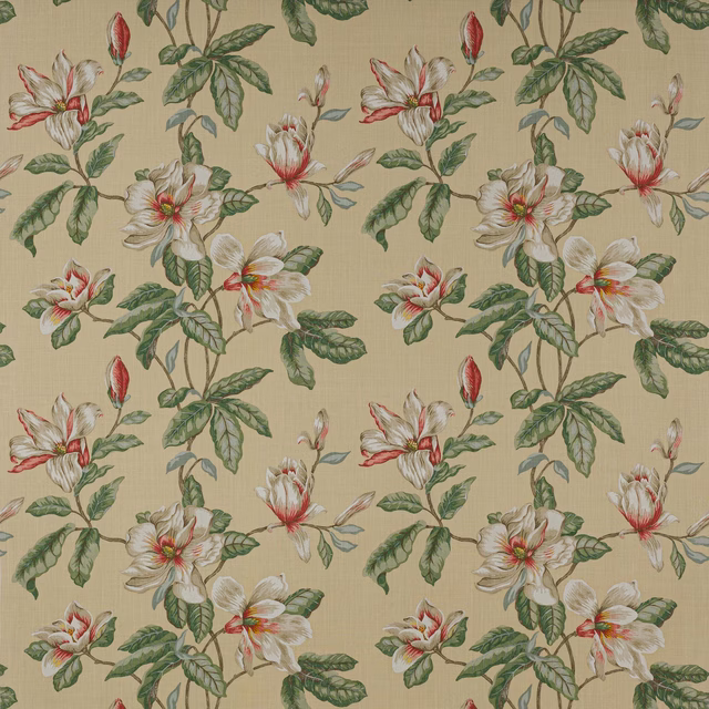 Painterly floral linen on a soft yellow ground with white and green blossoms