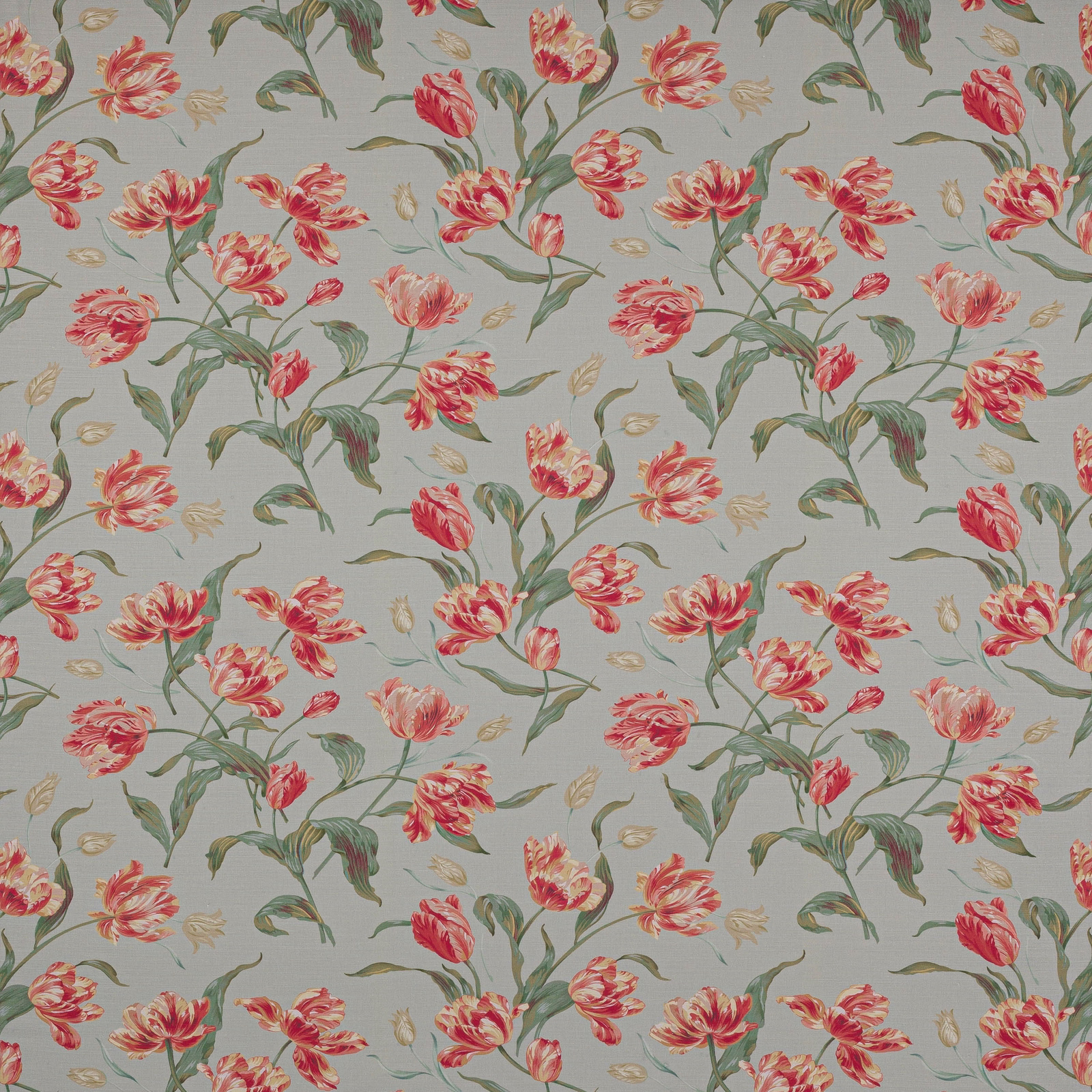 Pale aqua floral fabric with coral tulips and olive-green stems