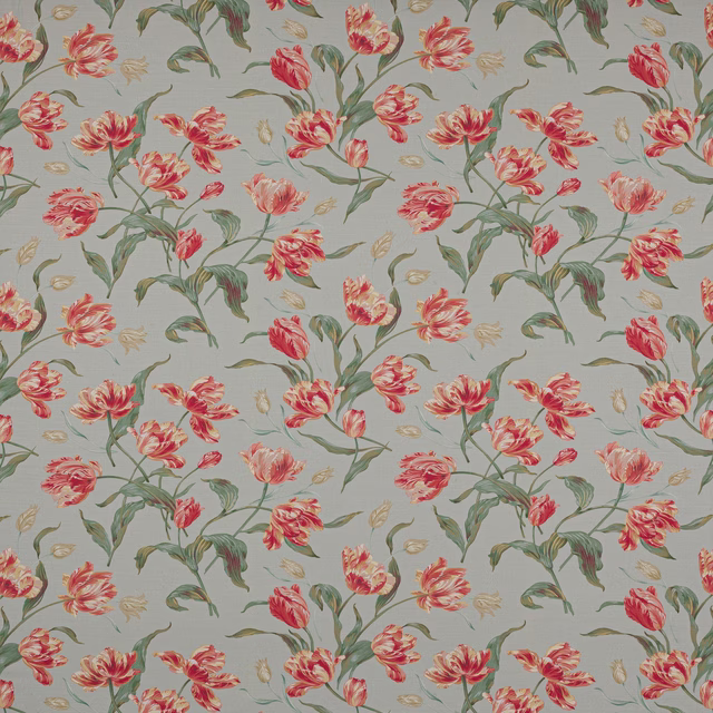 Pale aqua floral fabric with coral tulips and olive-green stems